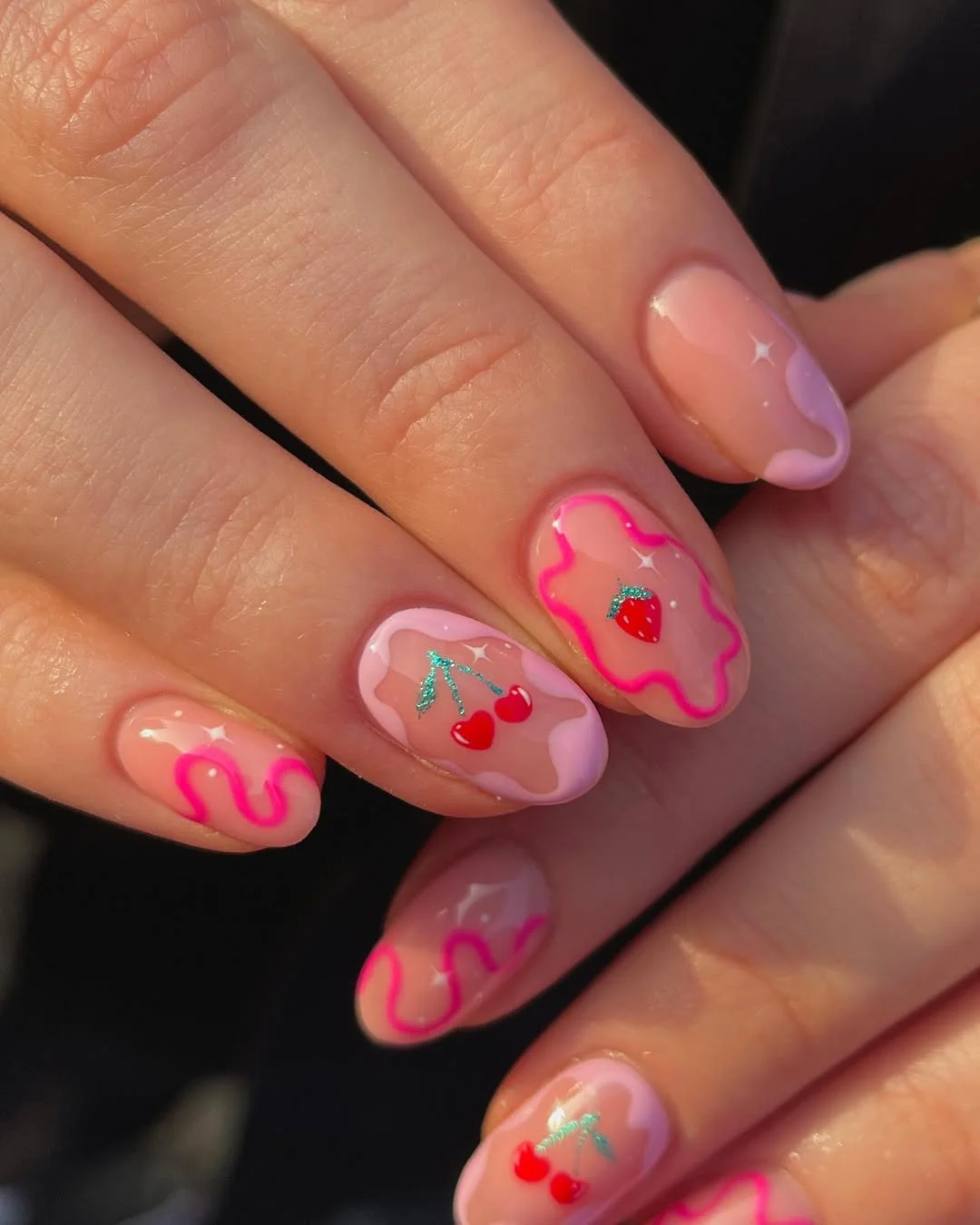 cute summer fruits nail art 2026 Cherry Pop Nails With Retro Pink Waves