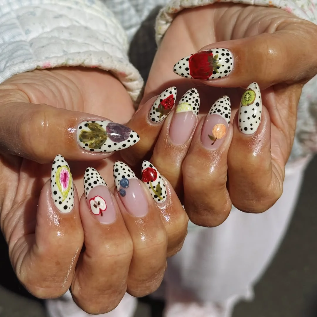 cute summer fruits nail art 2026 Polka Dot Fruit Mix On Almond Nails