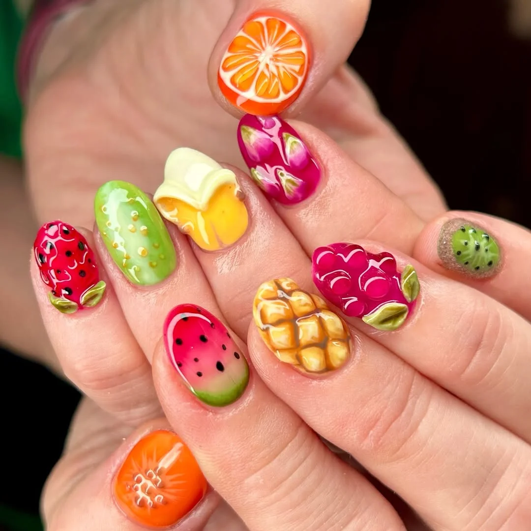 cute summer fruits nail art 2026 Bold 3D Tropical Fruit Nail Art Set