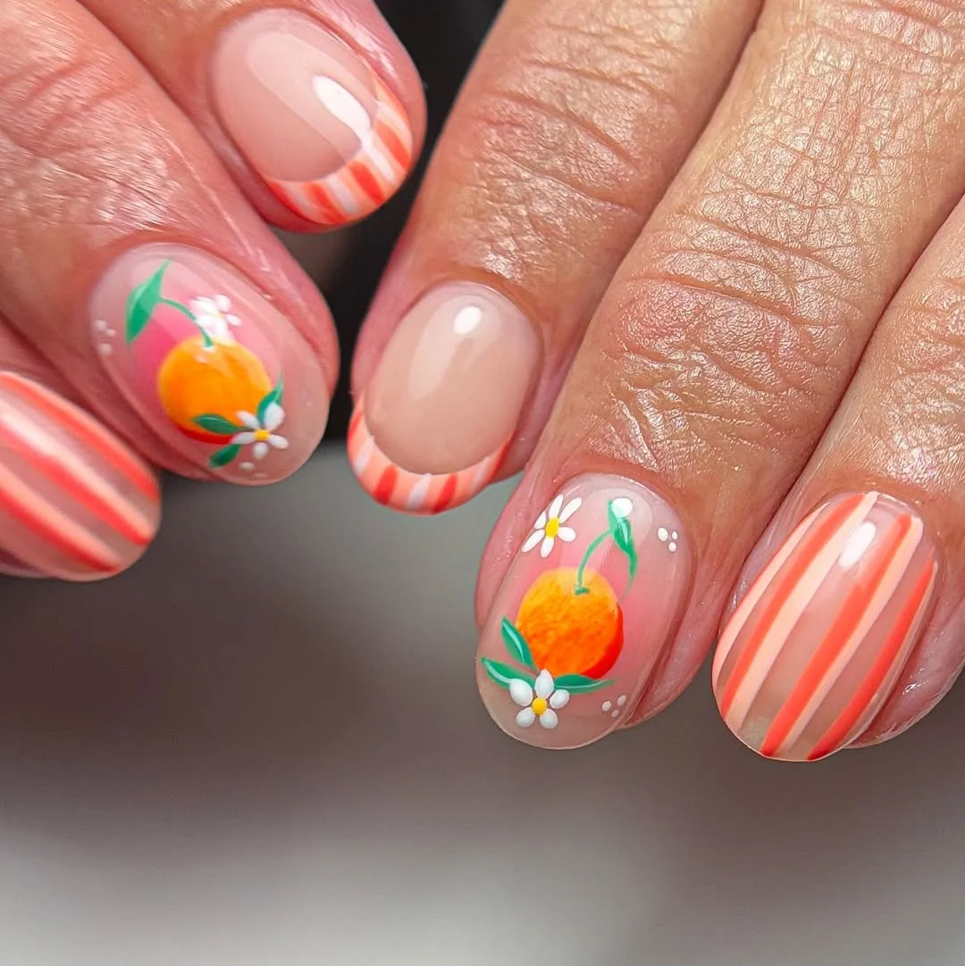 cute summer fruits nail art 2026 Sweet Orange Blossom French Tips