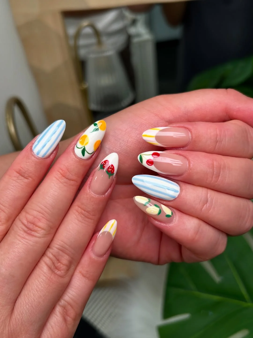 cute summer fruits nail art 2026 Mixed Fruit Almond Nail Set