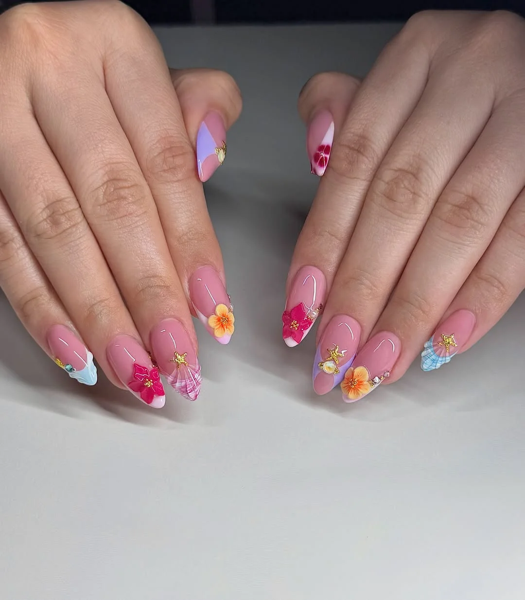 cute summer long nails 2026 Coastal Floral French Mix