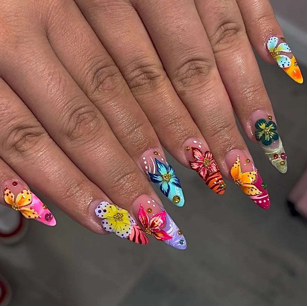 cute summer long nails 2026 Tropical Garden Long Nails With Bright Summer Blooms