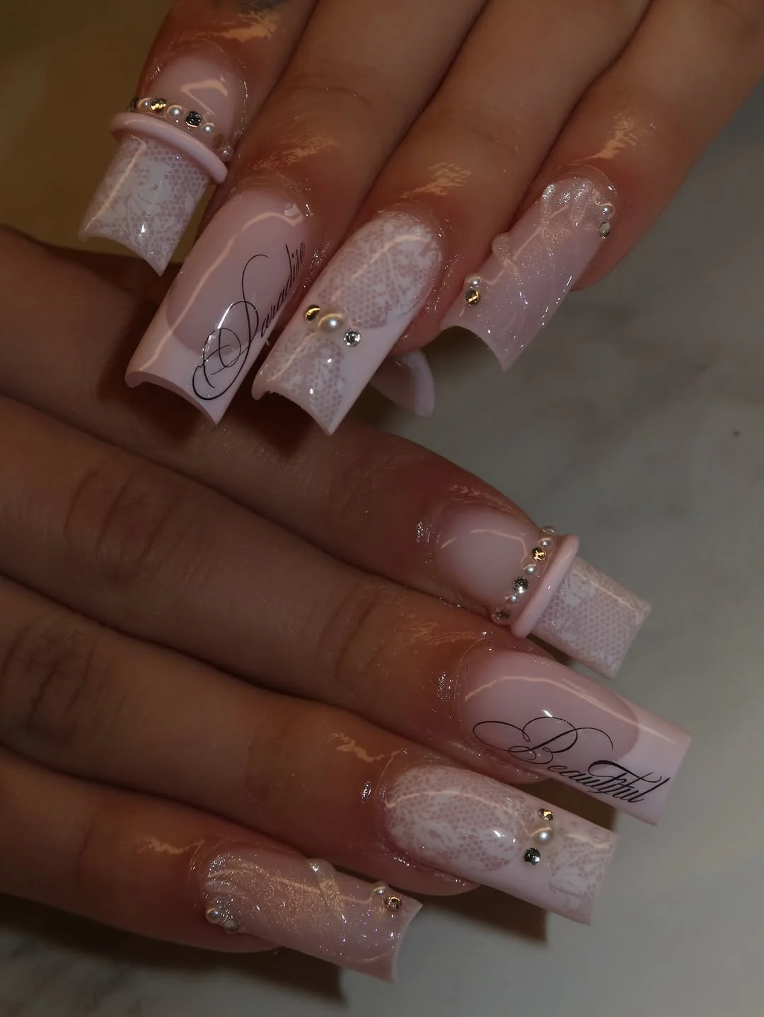 cute summer long nails 2026 Soft White Lace Nails With Romantic Details