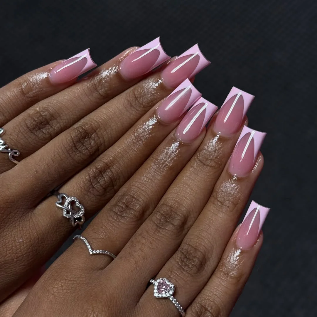 cute summer long nails 2026 Glossy Pink French Tips With Modern Square Shape