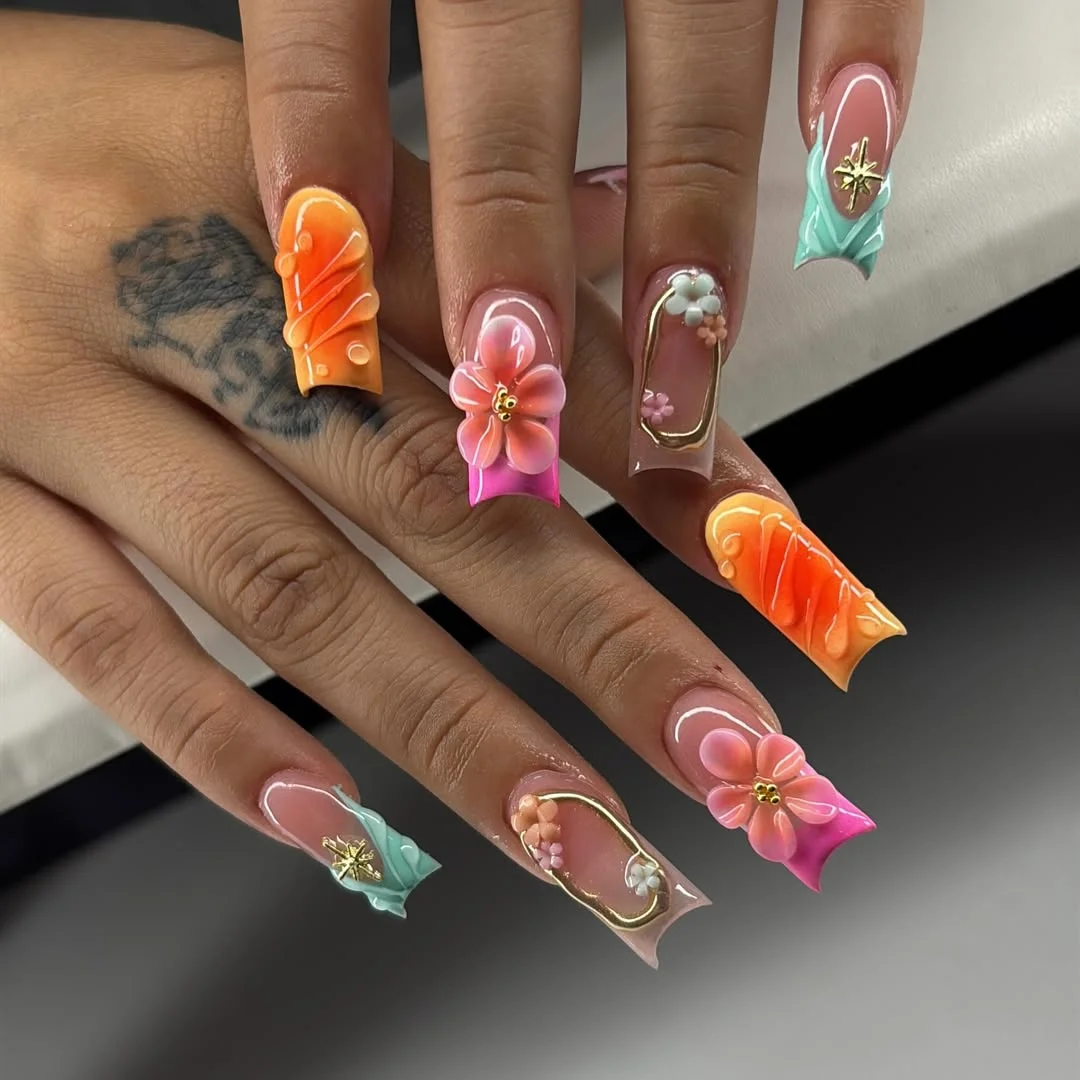 cute summer long nails 2026 Tropical Garden Square Nails