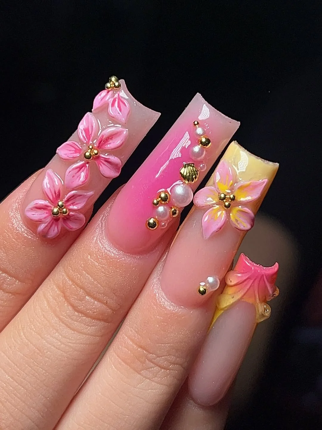 cute summer long nails 2026 Sunset Blossom Glam