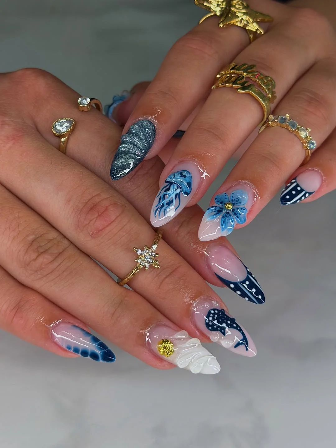 cute summer long nails 2026 Deep Sea Blue Elegance
