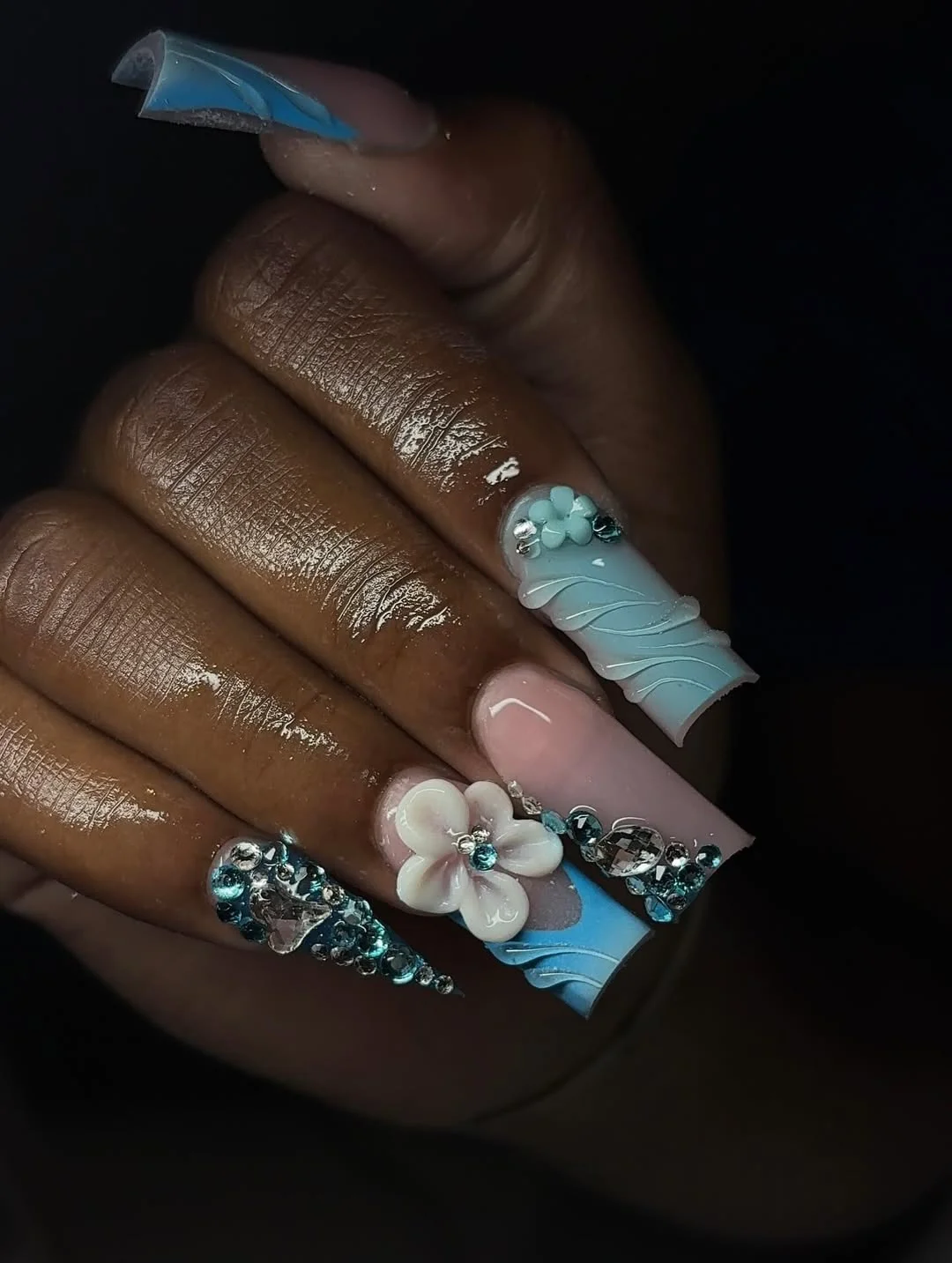 cute summer long nails 2026 Baby Blue Crystal Bloom