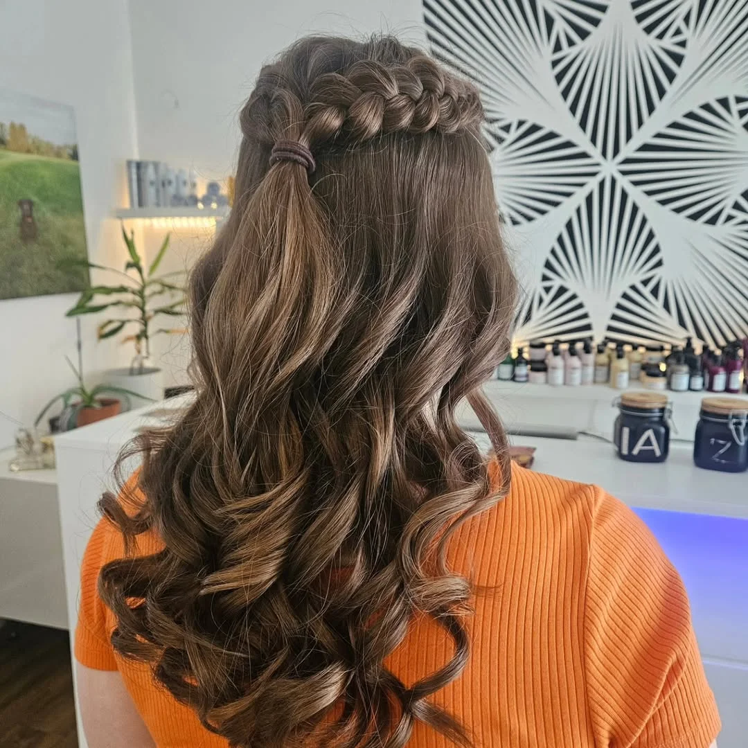 easy summer hairstyles ideas 2026 Half-Up Crown Braid With Soft Brunette Curls