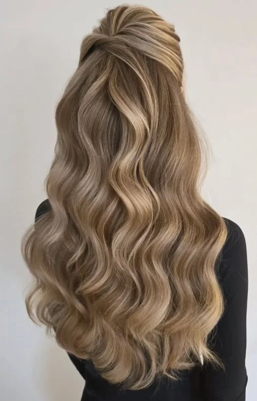 easy summer hairstyles ideas 2026 Soft Hollywood Waves With Half-Up Volume