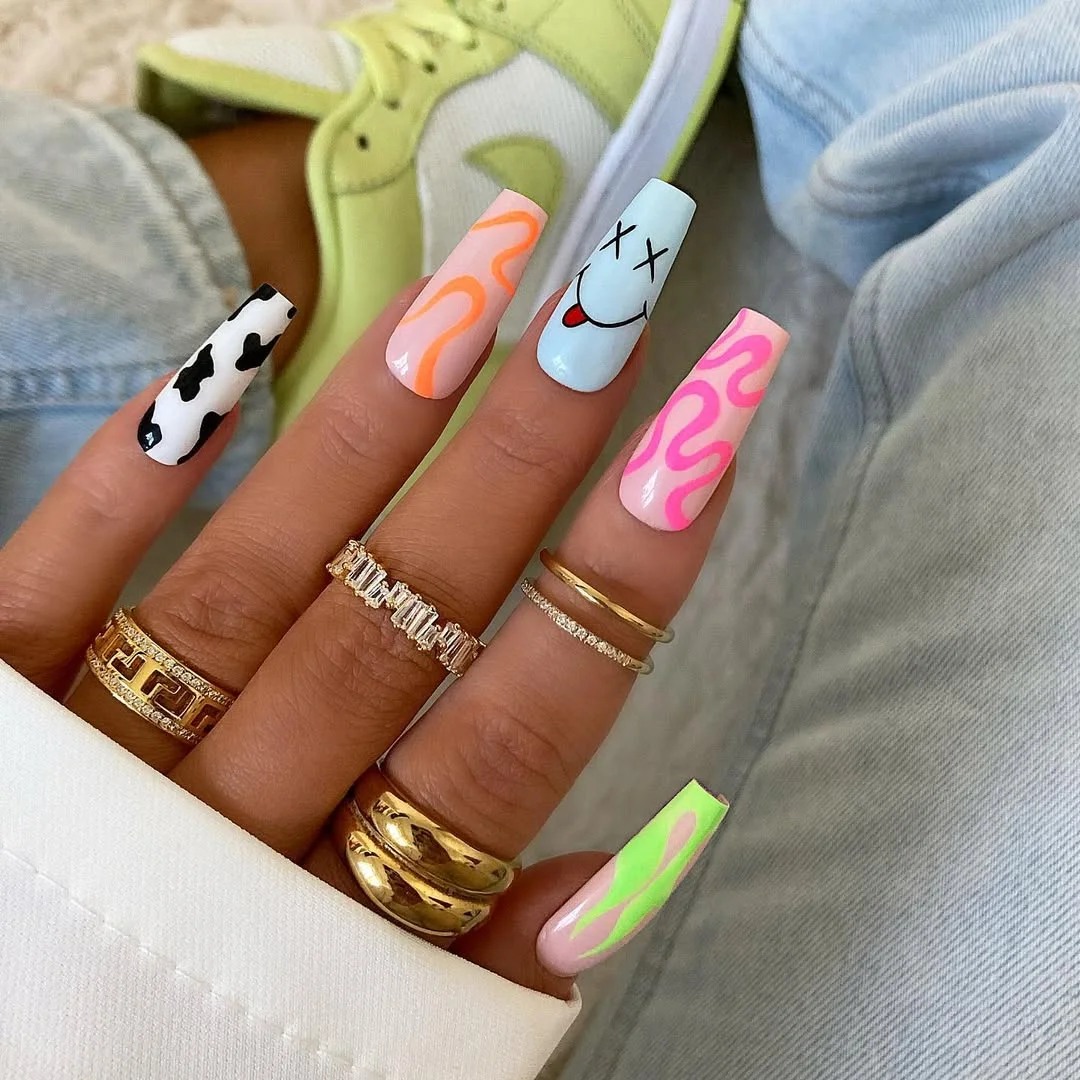 edgy summer nails ballerina shape 2026 Playful Pop Art Summer Nails