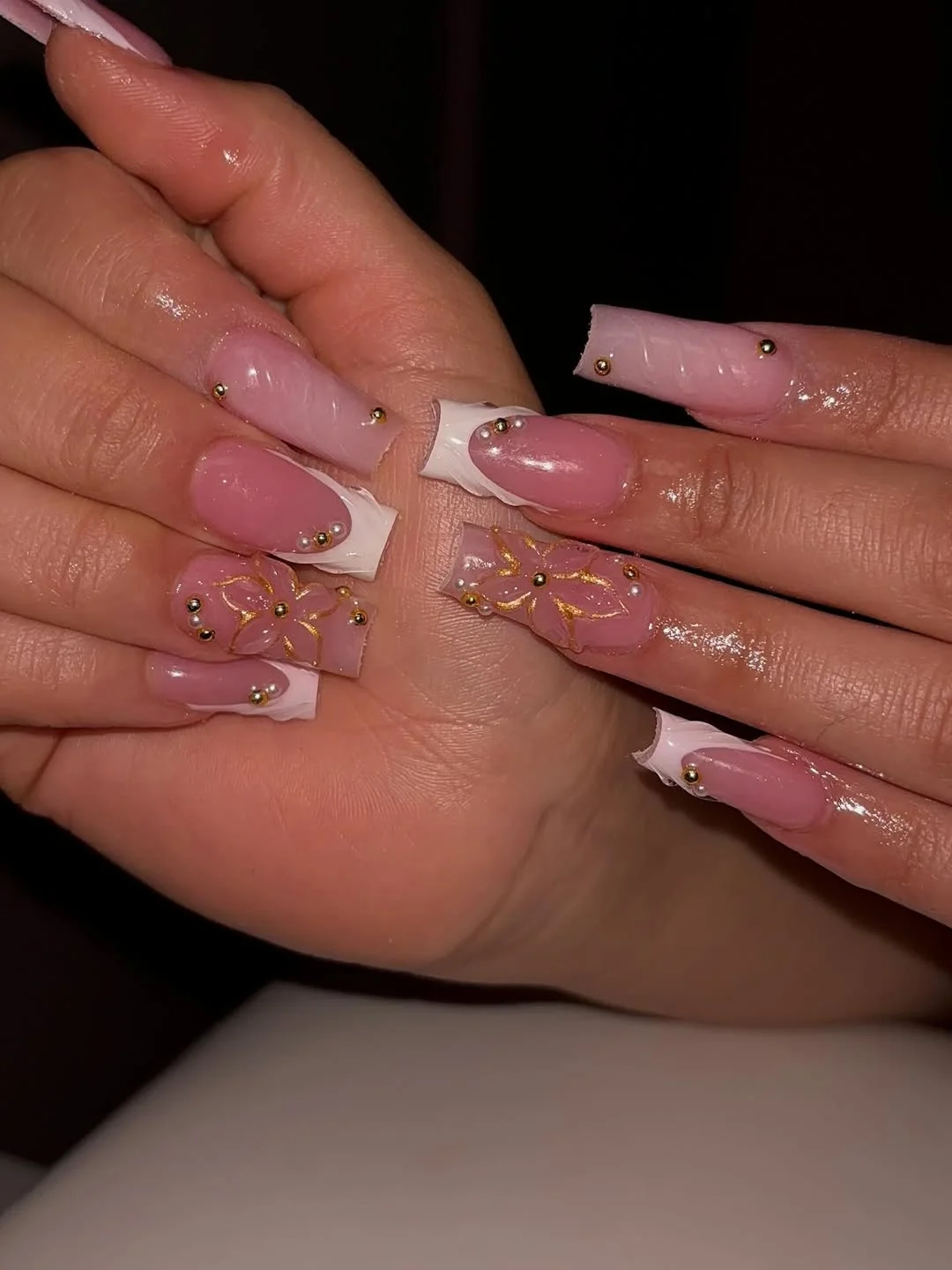 edgy summer nails ballerina shape 2026 Soft Pink Ballerina Nails With Gold Floral Details