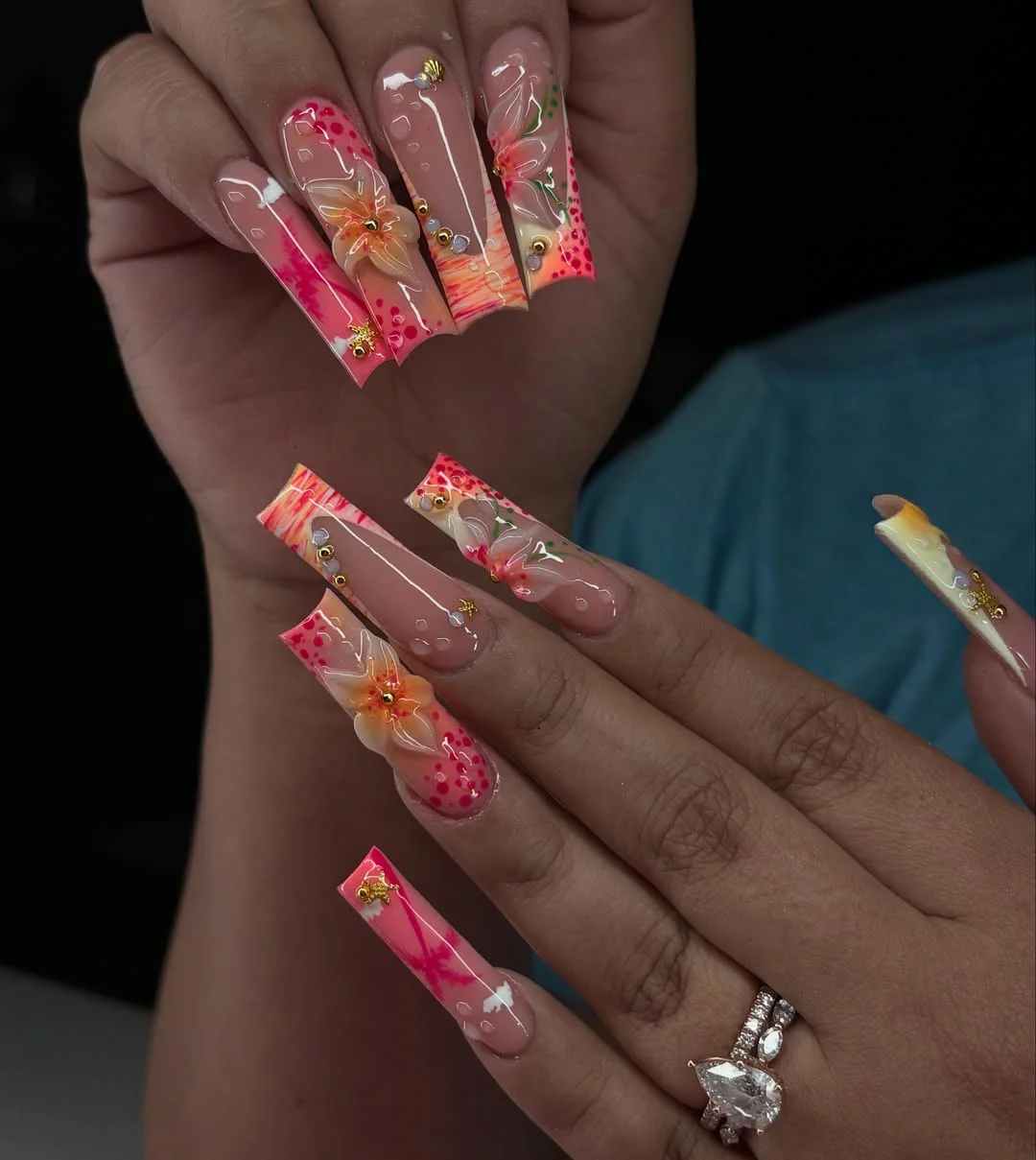 edgy summer nails ballerina shape 2026 Sunset Hibiscus Nails With Bright Pink Accents