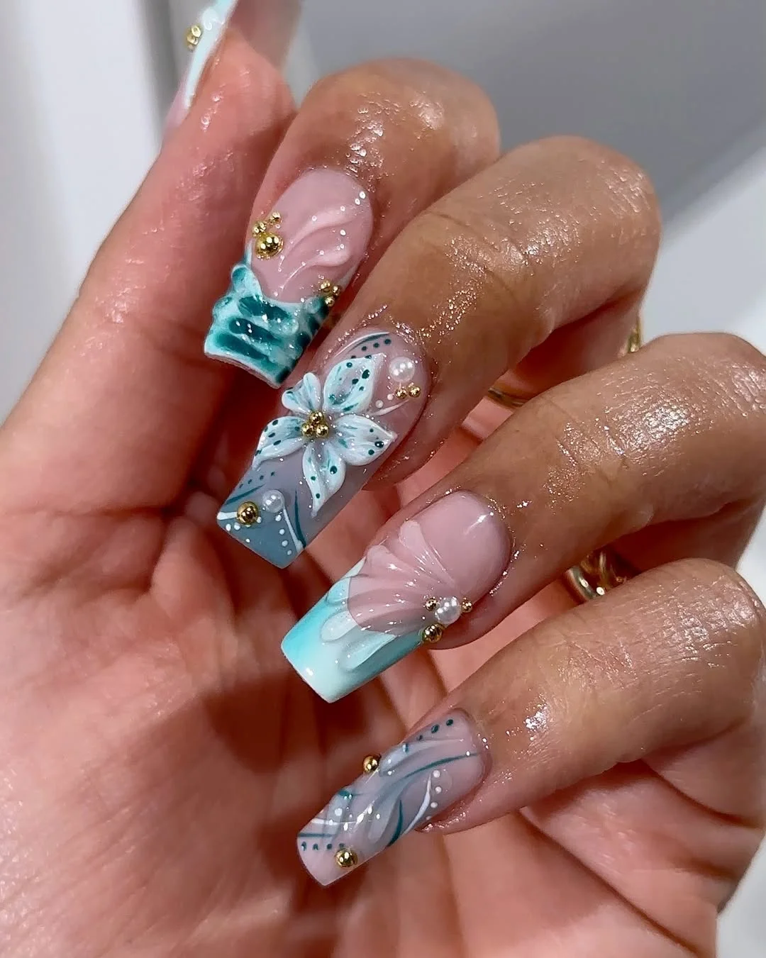 edgy summer nails ballerina shape 2026 Ocean Blue Floral Ballerina Nails
