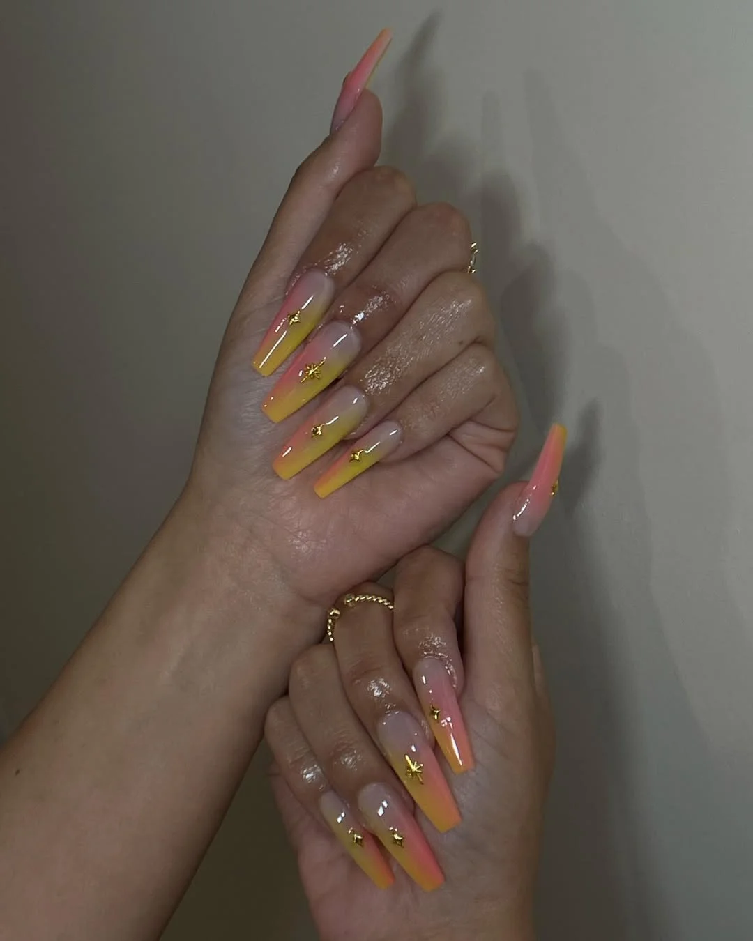 edgy summer nails ballerina shape 2026 Sunset Ombre Ballerina Nails