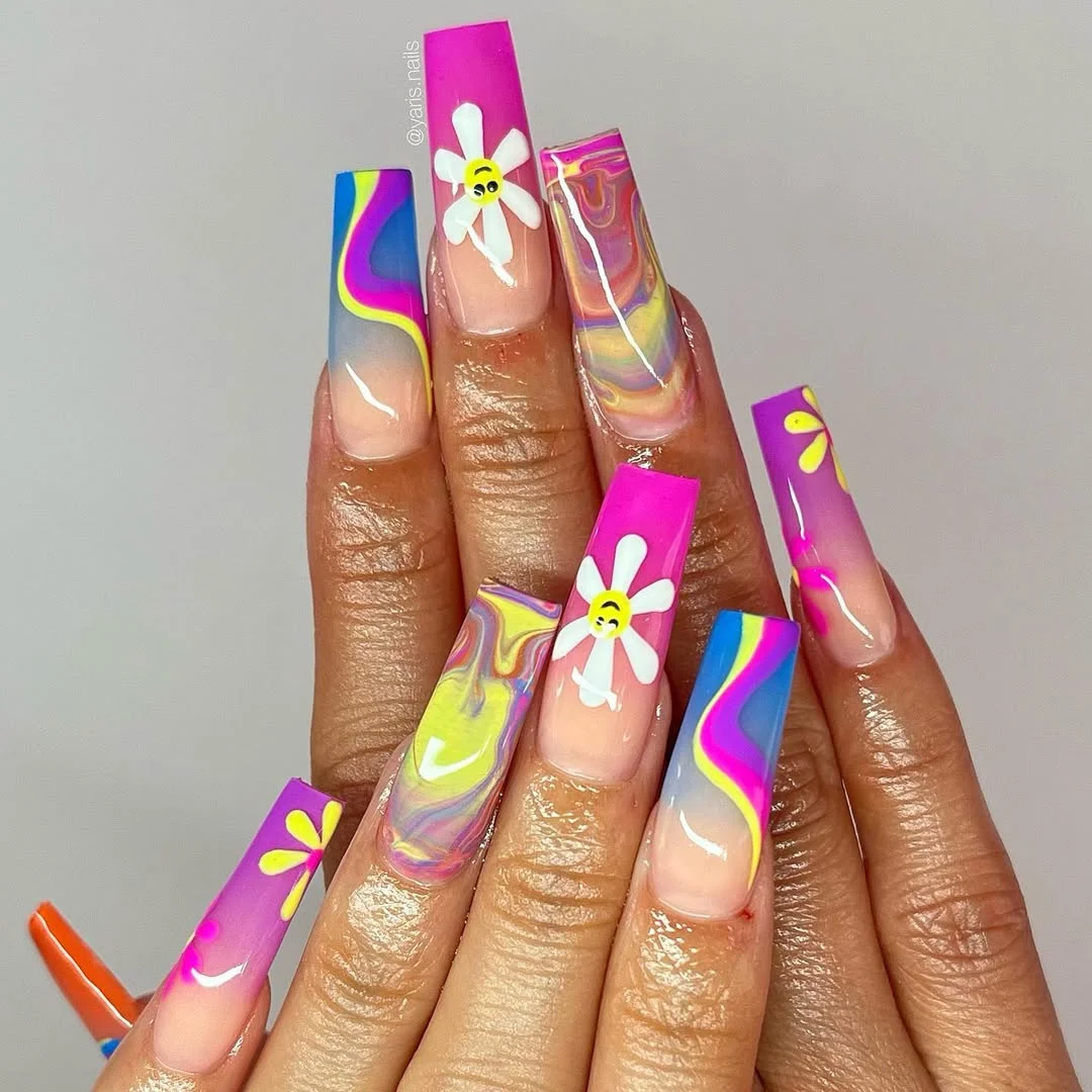 edgy summer nails ballerina shape 2026 Groovy Pink Swirl Nails With Retro Flowers