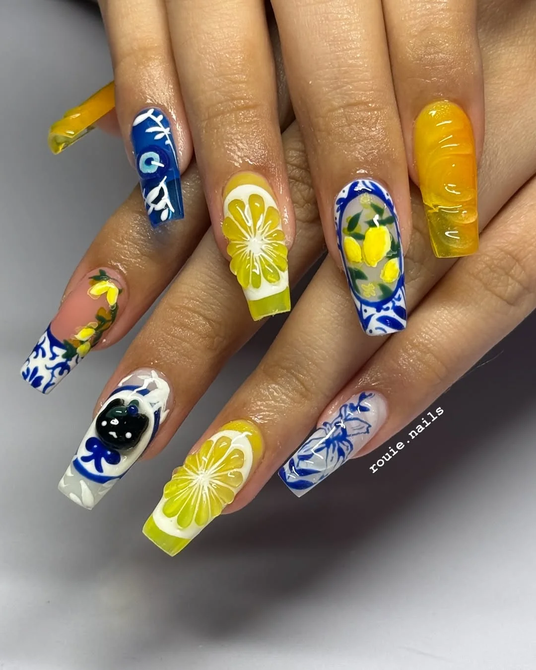 edgy summer nails ballerina shape 2026 Blue And Yellow Lemon Art Nails