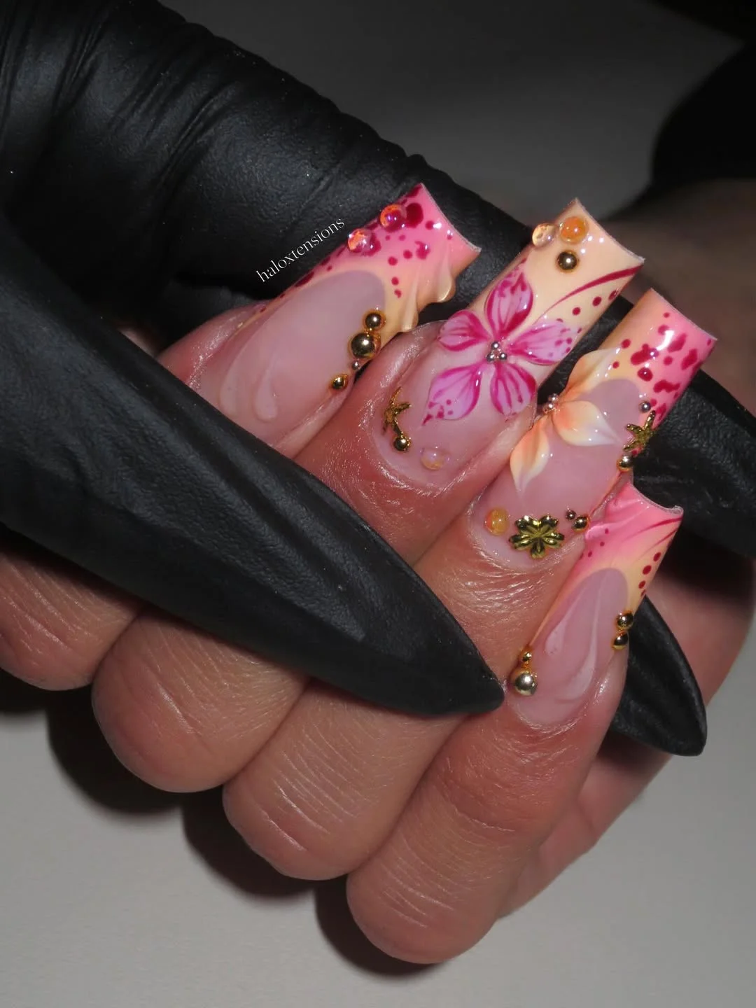 edgy summer nails ballerina shape 2026 Tropical Bloom Pink French Tips