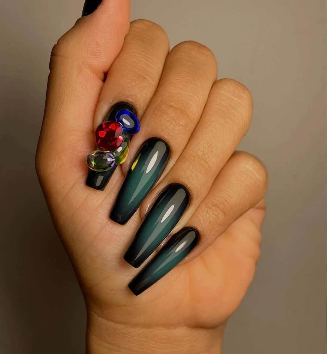 edgy summer nails ballerina shape 2026 Dark Jewel-Toned Edgy Ballerina Nails