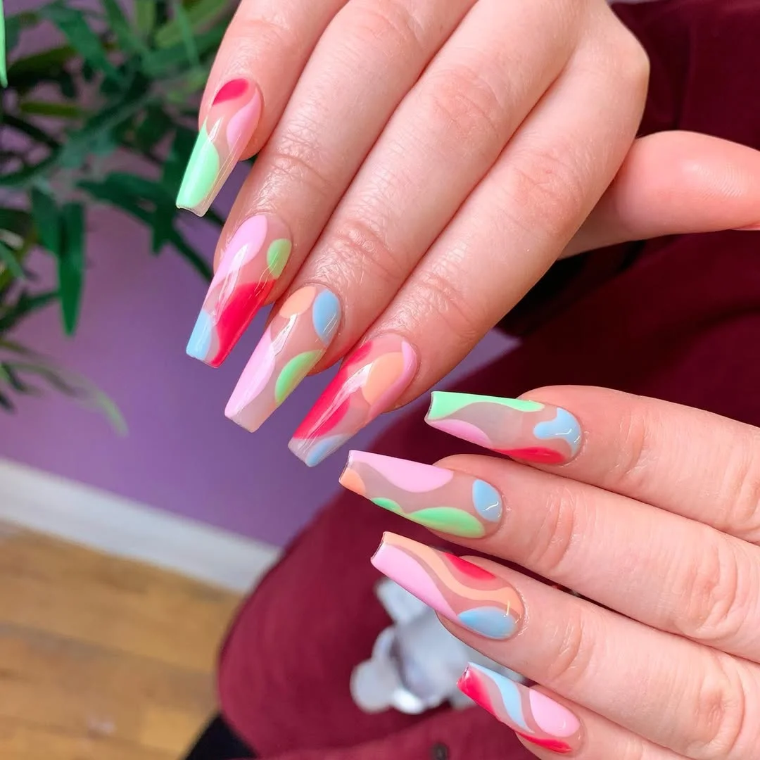 edgy summer nails ballerina shape 2026 Pastel Abstract Swirl Ballerina Nails