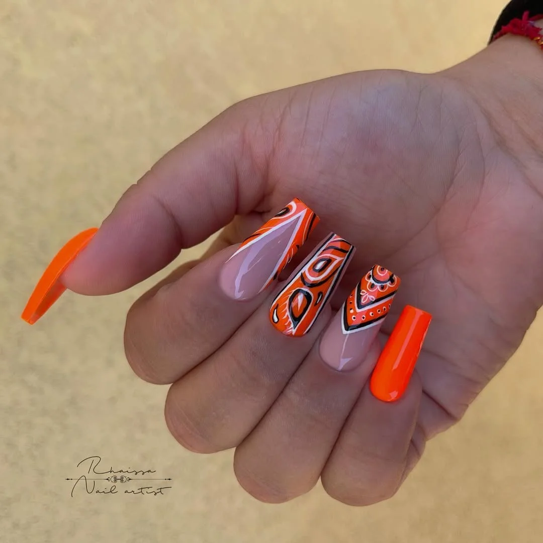 edgy summer nails ballerina shape 2026 Orange Retro Swirl Ballerina Nails