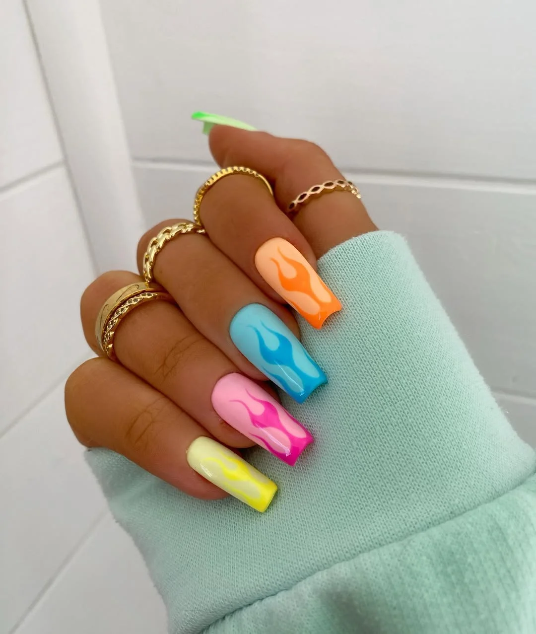 edgy summer nails ballerina shape 2026 Neon Flame Pastel Summer Nails