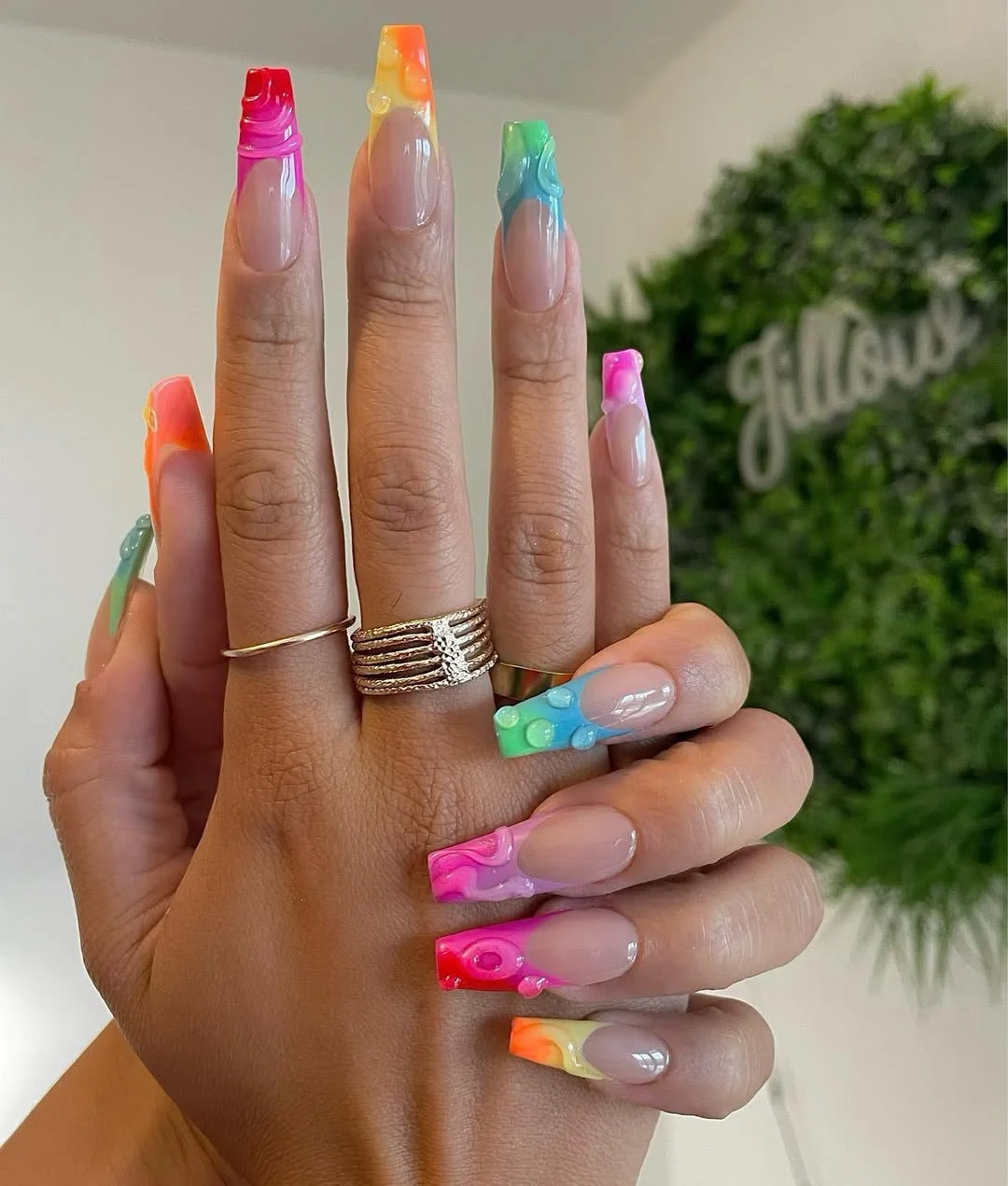 edgy summer nails ballerina shape 2026 Glossy Melted Rainbow French Tips