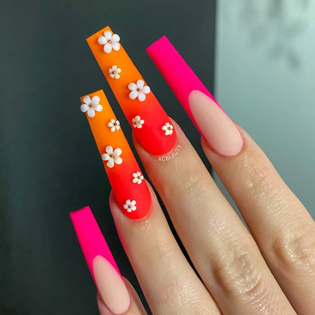 edgy summer nails ballerina shape 2026 Neon Daisy Sunset Ballerina Nails