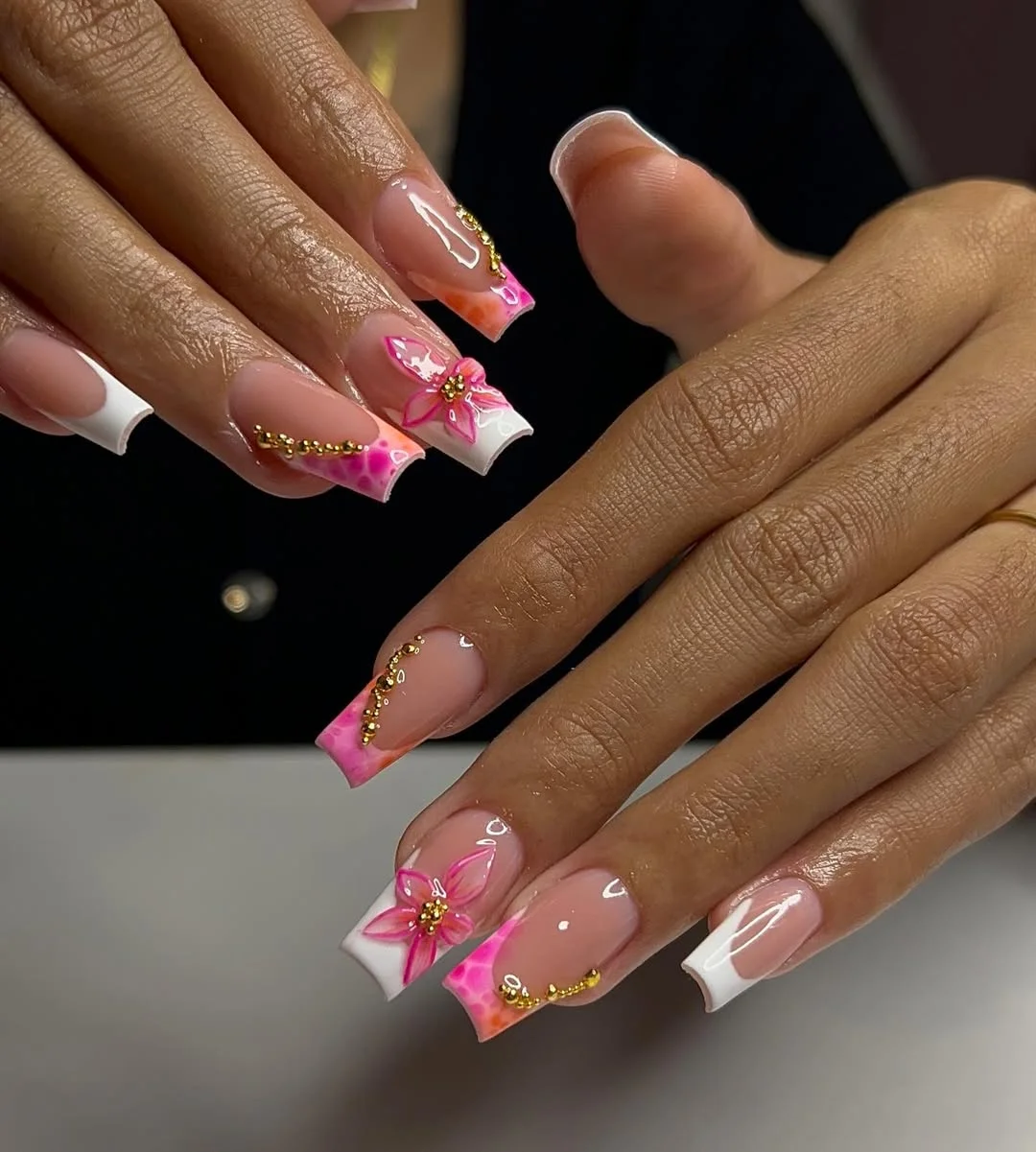 edgy summer nails ballerina shape 2026 Pink Bloom French Tip Nails