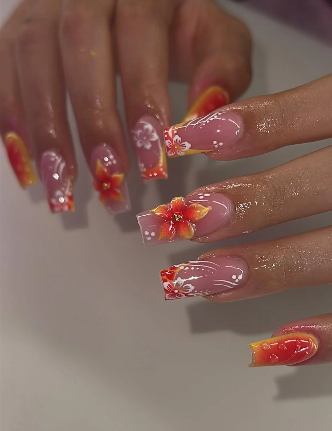 edgy summer nails ballerina shape 2026 Tropical Hibiscus Glow Nails