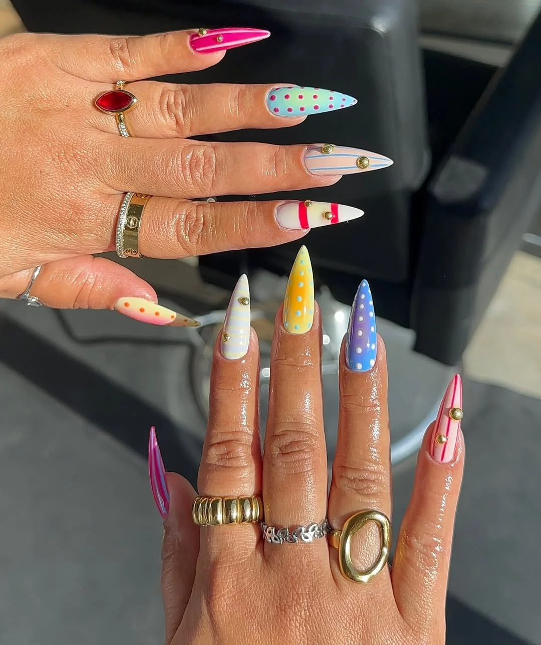 fun & funky summer nails 2026 Pastel Polka Dot Stiletto Nails with Retro Charm