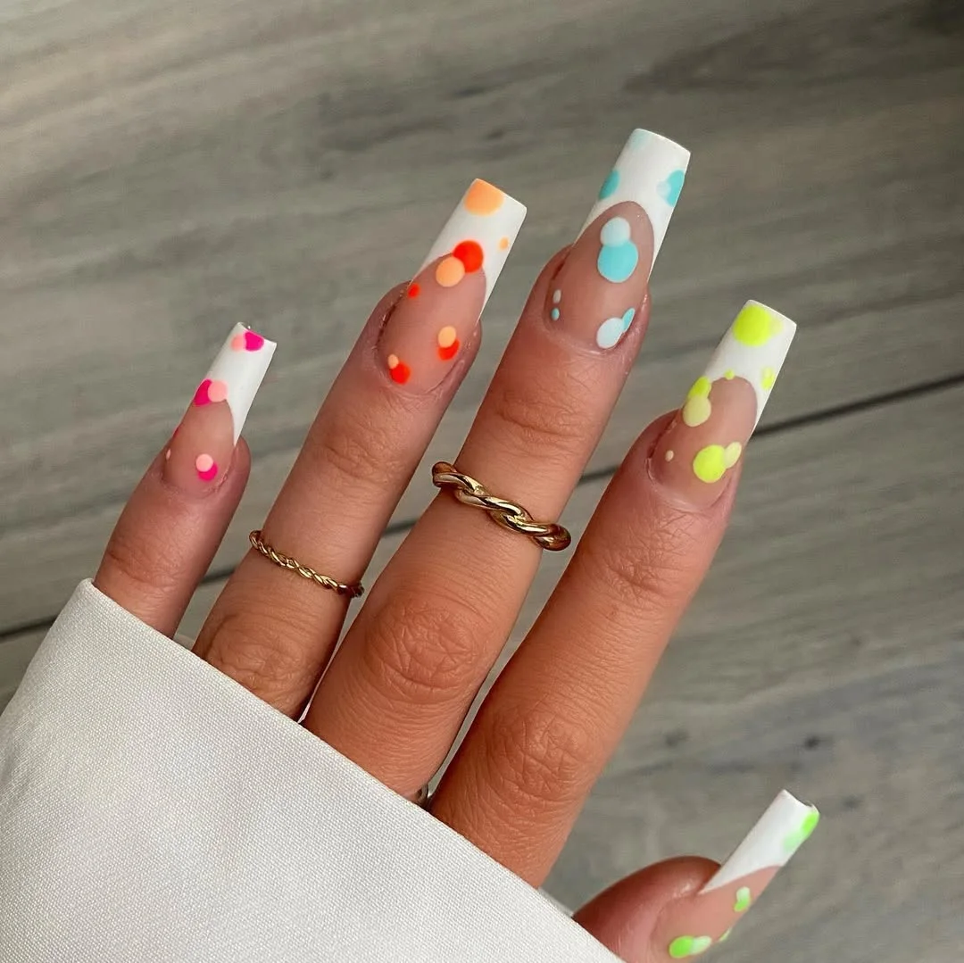 fun & funky summer nails 2026 Neon Dot French Square Nails