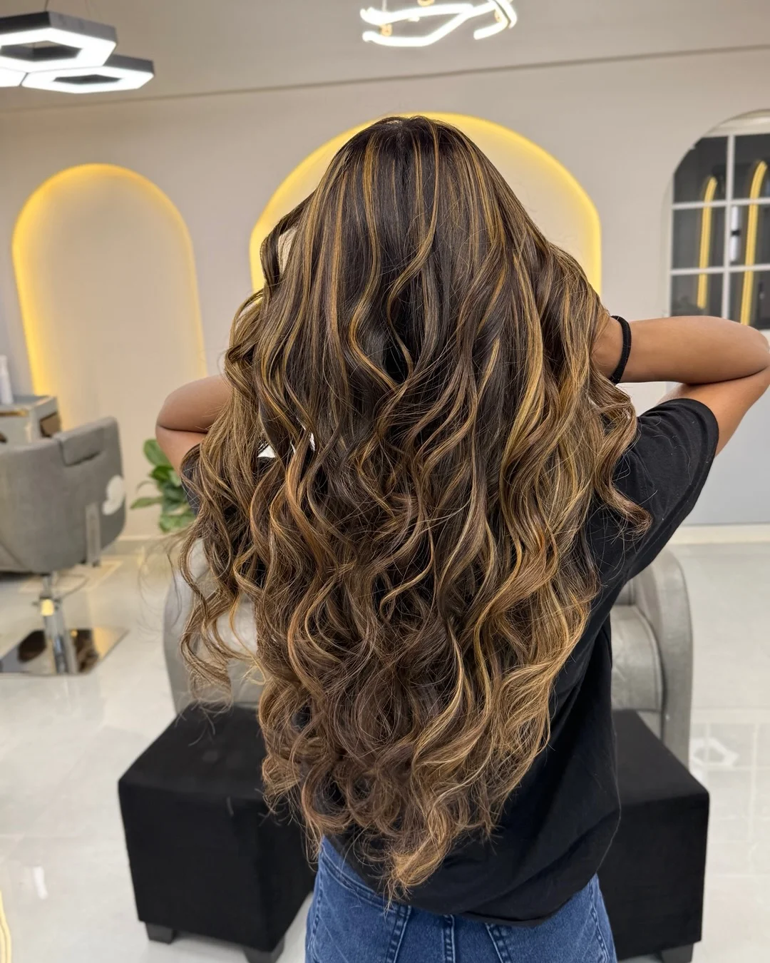 golden summer honey brown hair color 2026 Dimensional Dark Waves with Bold Golden Balayage