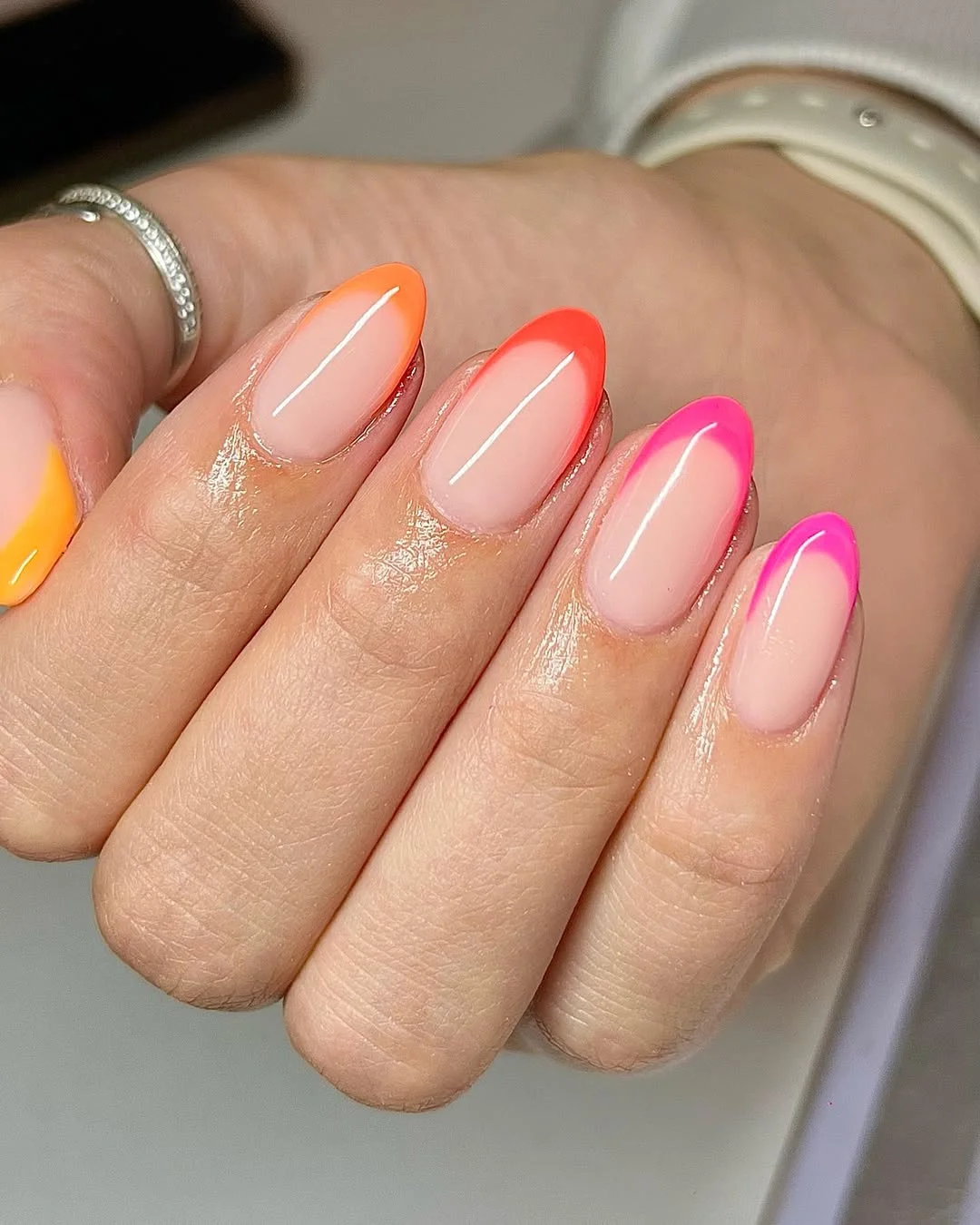 June Nail Colors ideas 2026 - Summer Trends 2026 Sunset French Tips in Neon Sorbet Shades