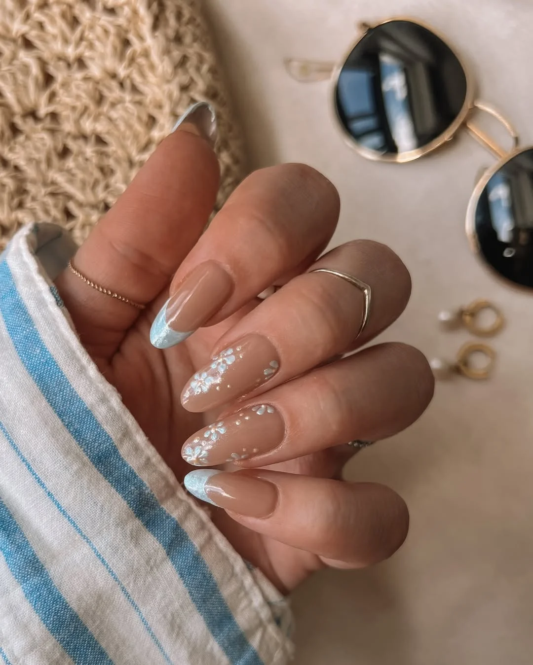June Nail Colors ideas 2026 - Summer Trends 2026 Soft Blue Floral French Tips