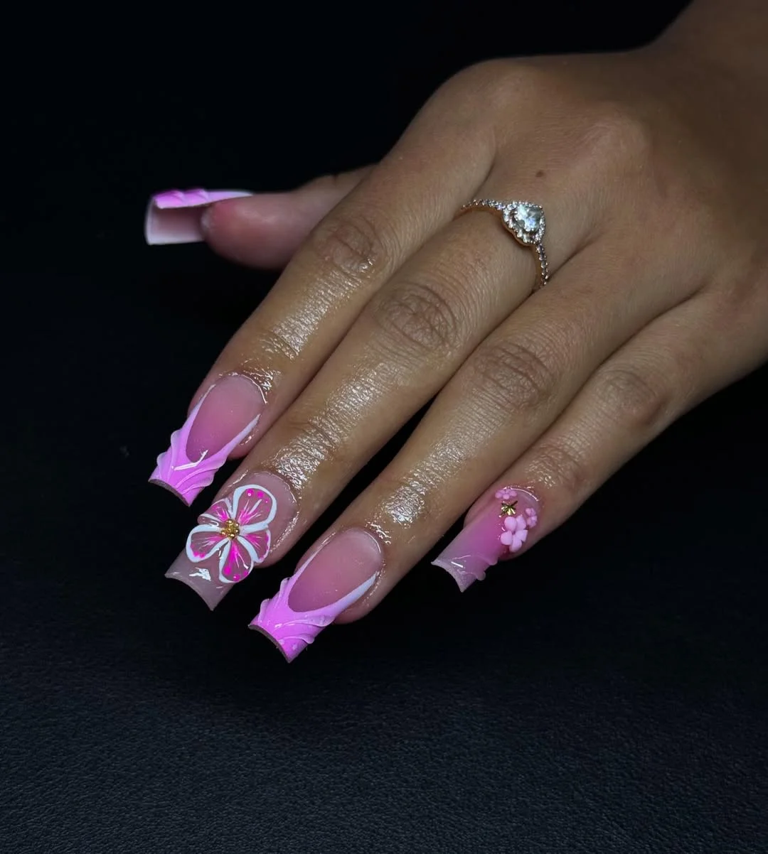 June Nail Colors ideas 2026 - Summer Trends 2026 Glossy Pink Floral Acrylic Nails