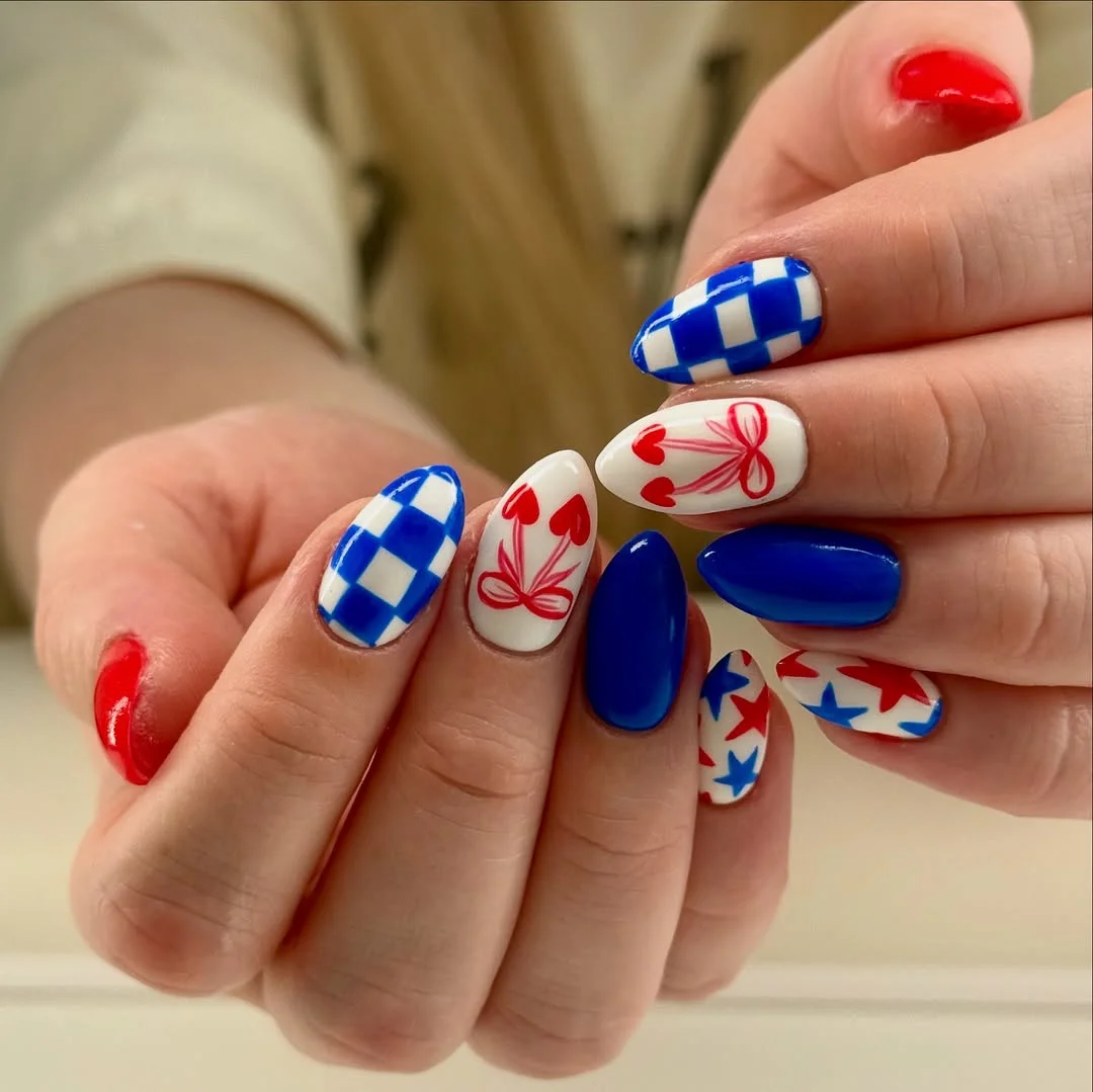 June Nails Ideas 2026 Retro Red White Blue Nails