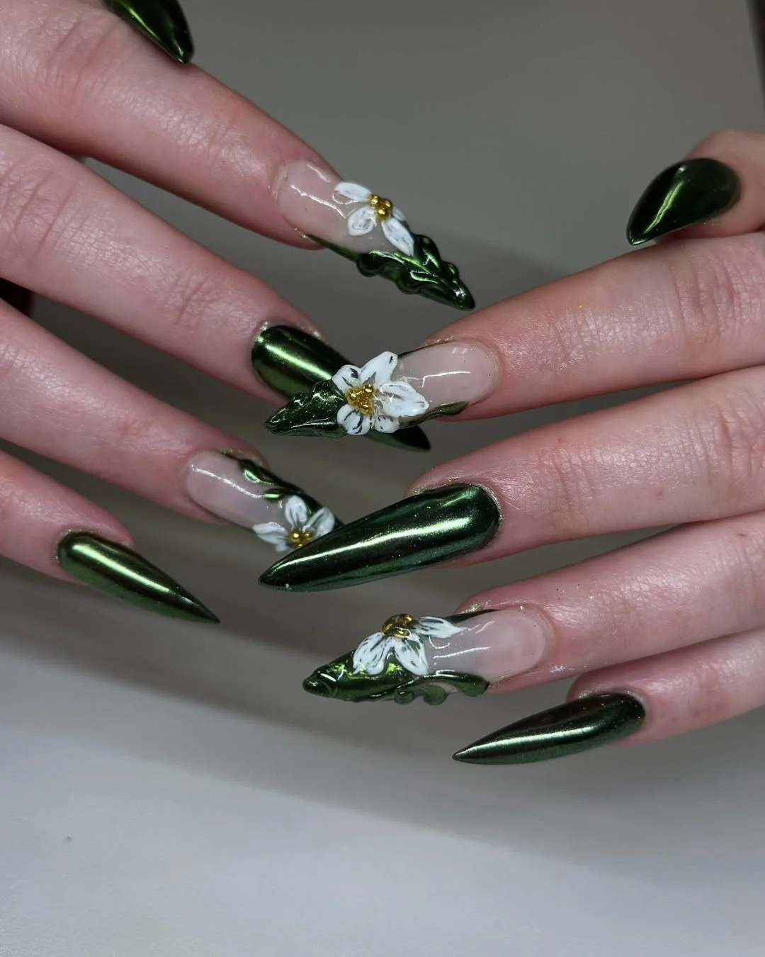 June Nails Ideas 2026 Green Chrome Floral Nails