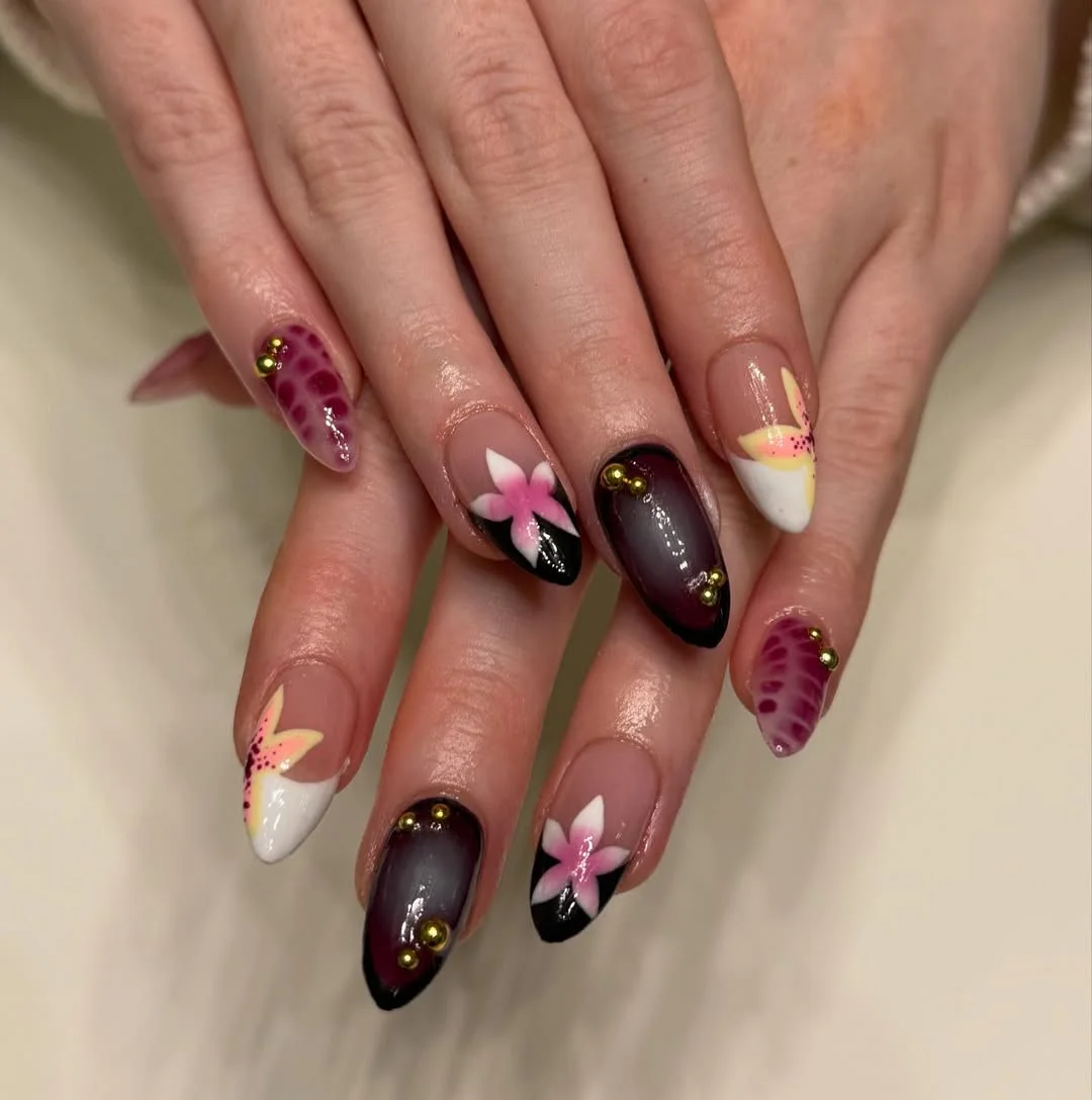 June Nails Ideas 2026 Dark Floral Almond Nails