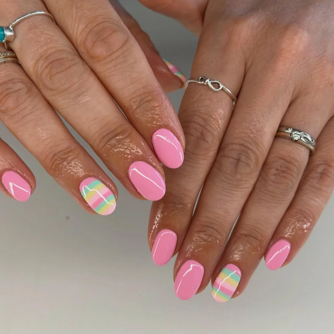 light summer nails 2026 Bubblegum Pink With Pastel Plaid Accents