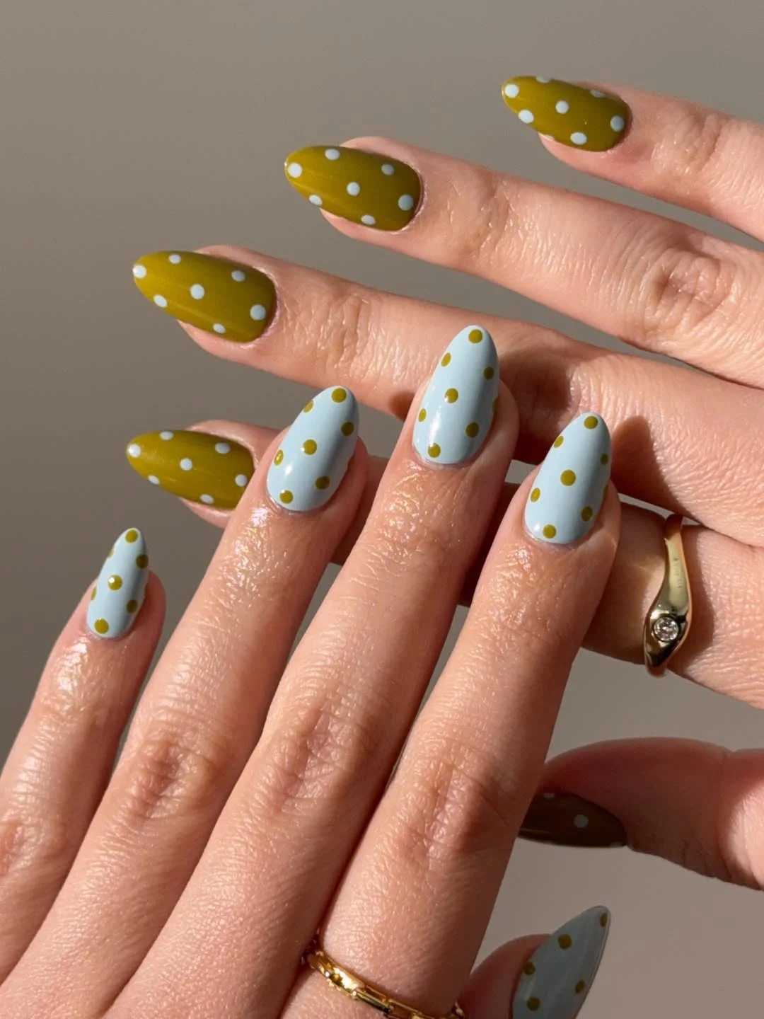 light summer nails 2026 Retro Olive And Sky Blue Polka Dots