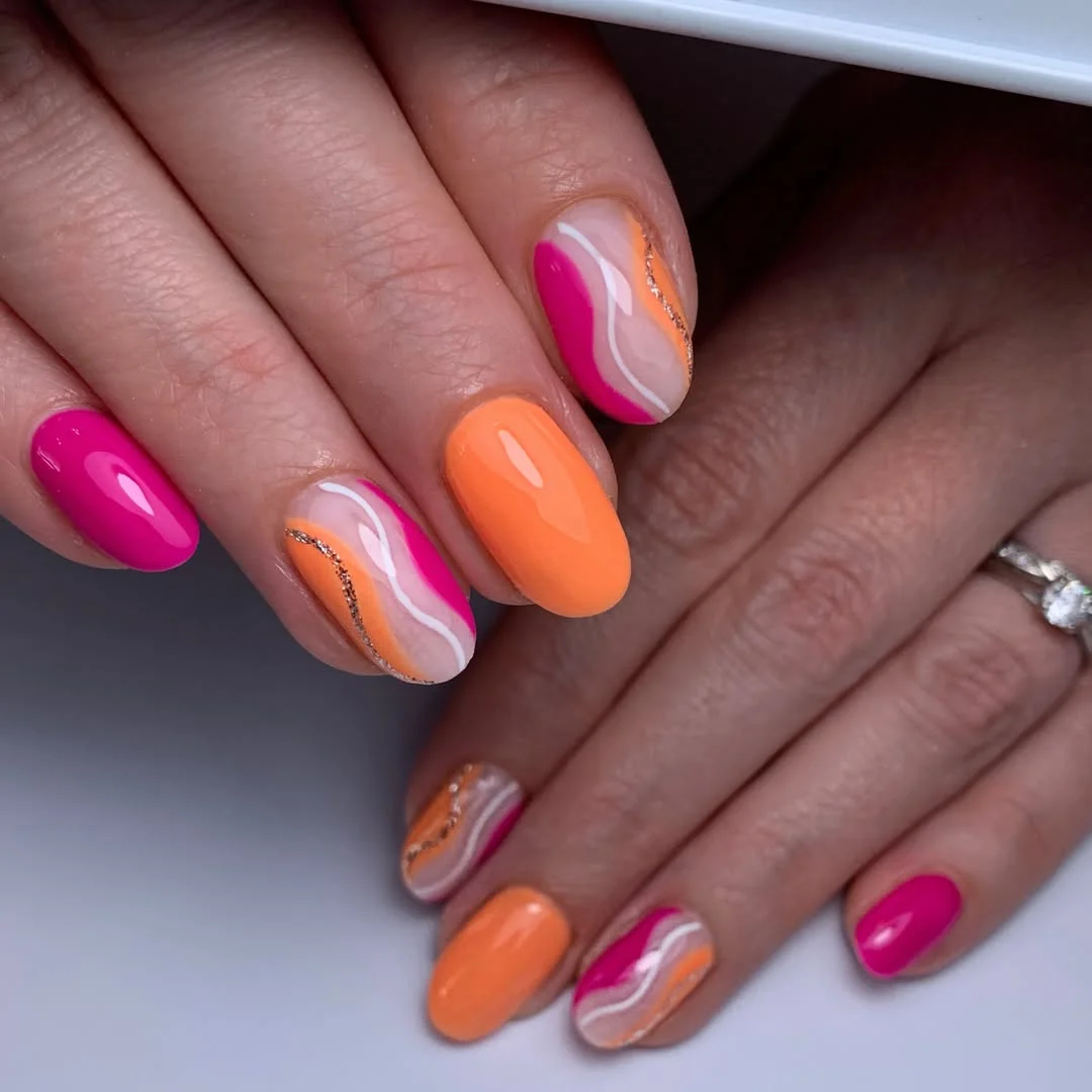 light summer nails 2026 Bright Pink And Orange Swirl Nails