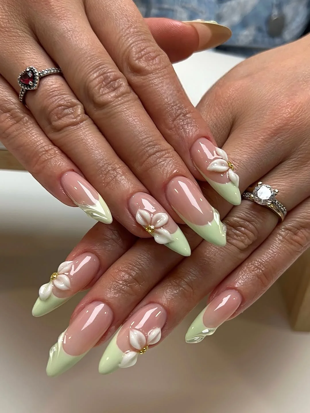 light summer nails 2026 Mint French Tips With 3D Flowers