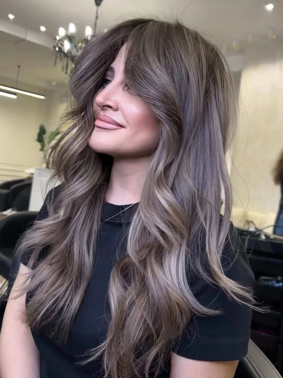 low maintenance summer hair color for brunettes 2026 Smoky Brunette Waves With Dimensional Cool Highlights