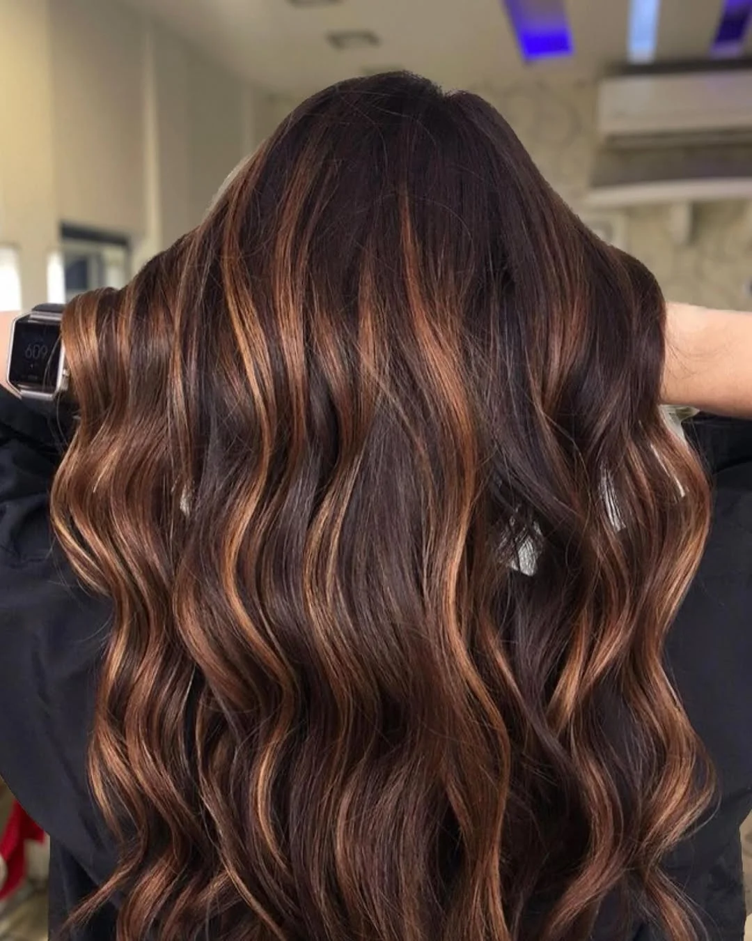 low maintenance summer hair color for brunettes 2026 Dark Brunette With Glossy Caramel Ribbon Highlights