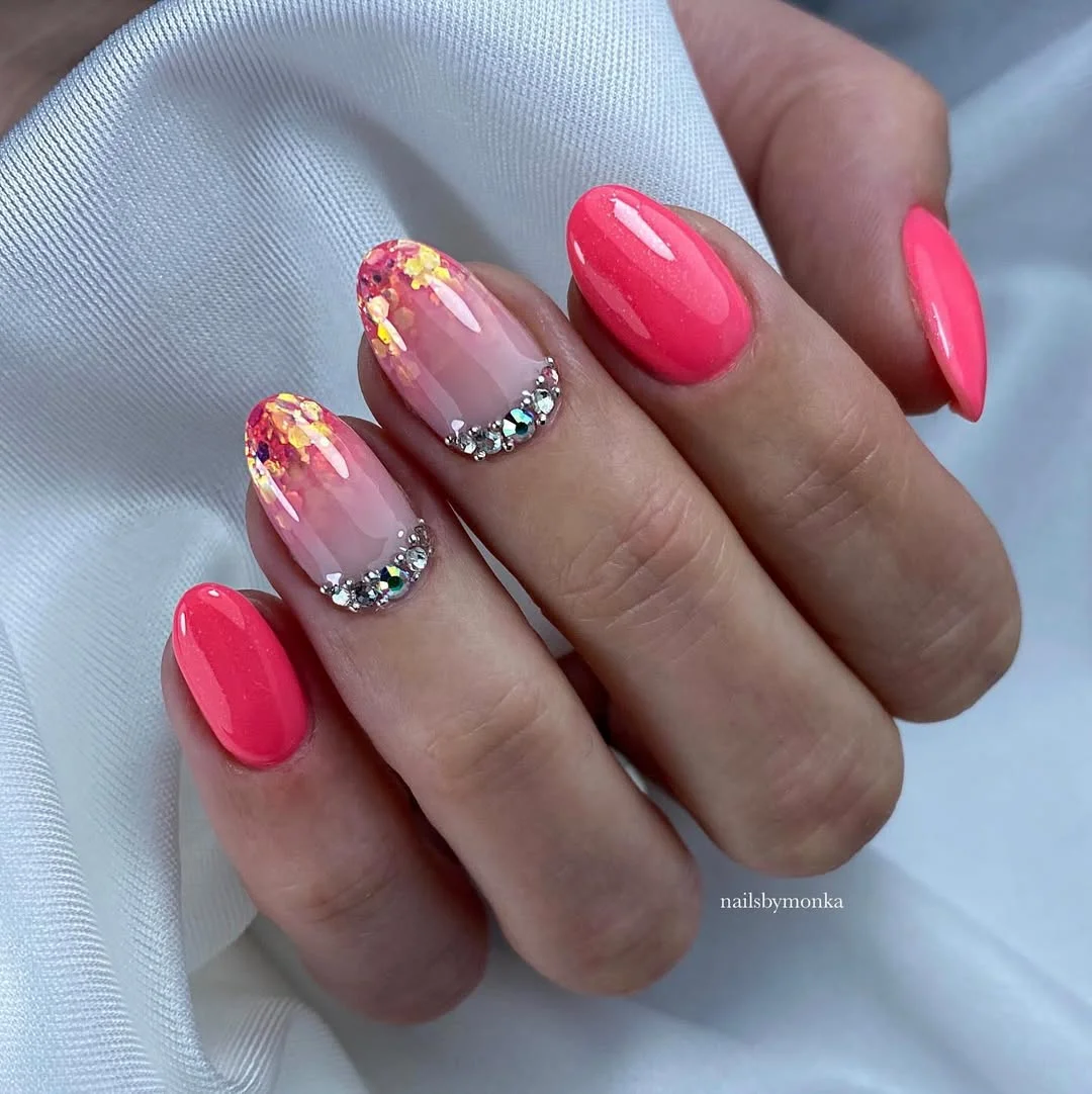 modern summer glitter nails 2026 Neon Pink Sparkle With Crystal Accents