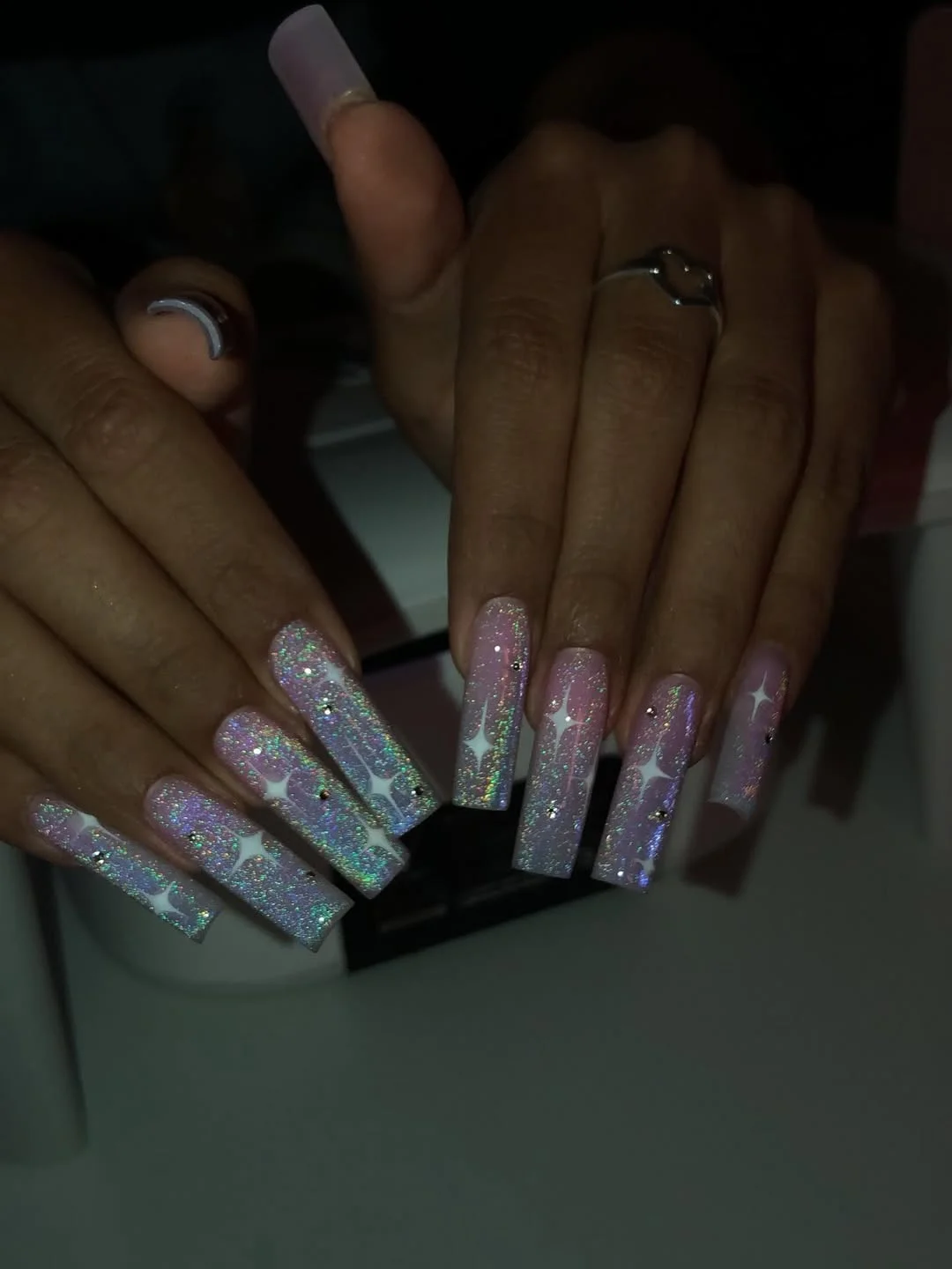 modern summer glitter nails 2026 Holographic Lavender Glitter Square Nails