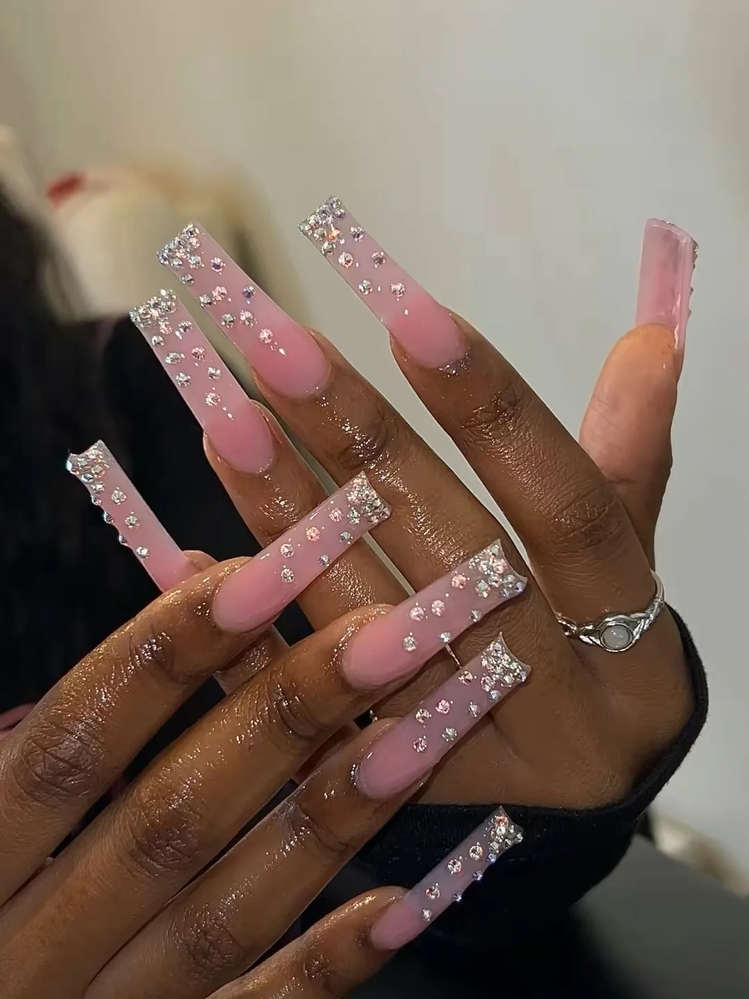 modern summer glitter nails 2026 Pink Crystal Glam Square Nails