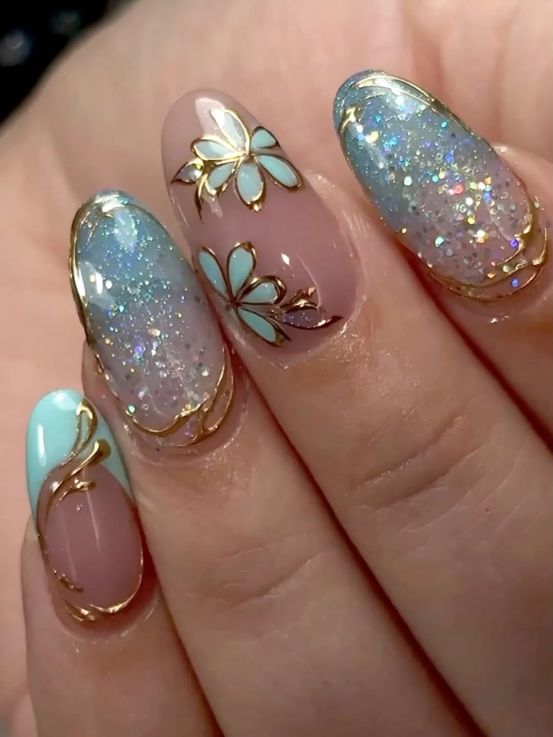 modern summer glitter nails 2026 Blue Butterfly Sparkle Elegance